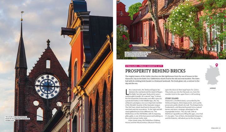 A historic red brick church with a clock overlooks a vibrant street—a scene from Schiffer Publishing, Ltd.’s “Secret Cities of Europe,” where cobblestone lanes wind past vine-covered red brick houses with blooming flowers.