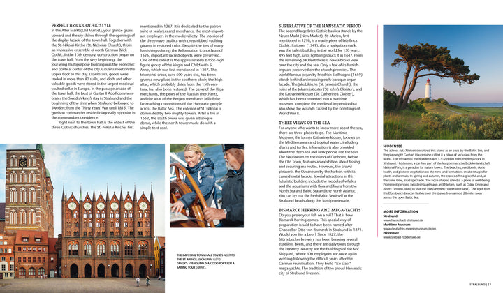 A two-page spread from Secret Cities of Europe by Schiffer Publishing, Ltd., highlights Gdynia, Poland, with text and images of historic brick buildings, sailors at the helm, and a lighthouse beside windswept pines by the sea.