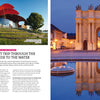Split image: Left features a modern, red-roofed building by greenery; right displays a historic, lit arch by a calm pool at dusk—ideal imagery for "Secret Cities of Europe" by Schiffer Publishing, Ltd.