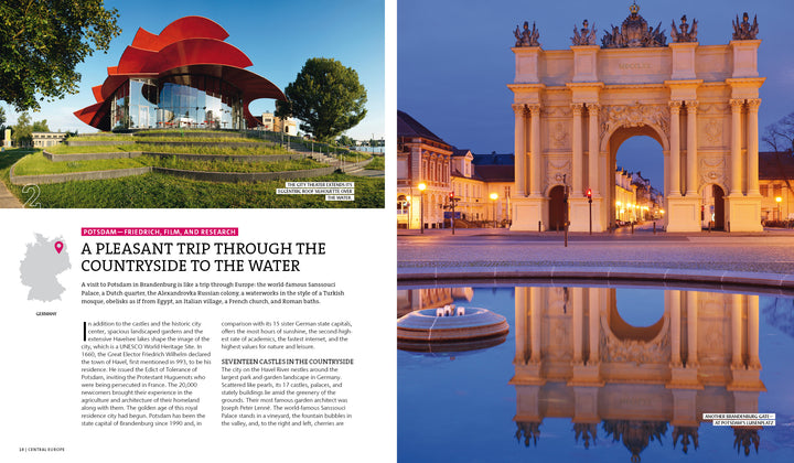 Split image: Left features a modern, red-roofed building by greenery; right displays a historic, lit arch by a calm pool at dusk—ideal imagery for "Secret Cities of Europe" by Schiffer Publishing, Ltd.