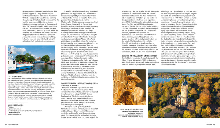 A spread from "Secret Cities of Europe" by Schiffer Publishing, Ltd. showcases Potsdam, Germany with text and images—featuring a riverboat, a woman in period dress, and an aerial view of a park with a tower amid autumn trees.