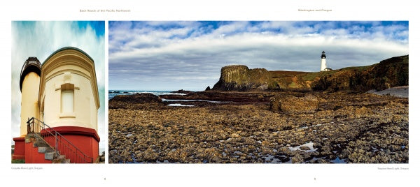 A split image features a close-up of a white and red lighthouse and a distant lighthouse on a rocky Pacific Northwest cliff—an ideal scene from "Back Roads of the Pacific Northwest" by Schiffer Publishing, Ltd. for landscape photography lovers.