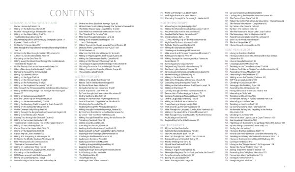 The Great Outdoors by Schiffer Publishing, Ltd. features a two-page table of contents listing regions like German Austria-Waterland, Flanders, Northern, Southern, and Eastern Europe—ideal for planning adventure travel or outdoor escapes.