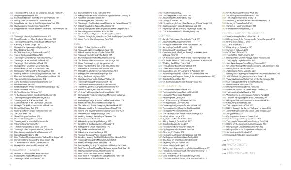 The table of contents in The Great Outdoors by Schiffer Publishing, Ltd. spans two pages in compact text, outlining topics such as outdoor activities, Tactics, Area Events, Oceans, North America, and Asia for adventure travel inspiration.