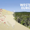 A sand dune overlays a forest, evoking adventure. On the dune, a map of Western Europe is pinned in red. Large white text reads The Great Outdoors by Schiffer Publishing, Ltd., set against a clear blue sky.