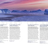 A panoramic view of Greenland’s icy coast at sunset, with snowy mountains and blue icebergs under a pink-purple sky, appears on "The Great Outdoors" by Schiffer Publishing, Ltd. Arctic destinations text overlays the lower half.