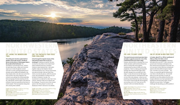 A scenic lakeside sunset with rocky cliffs and pine trees, sunlight streaming through clouds above calm water. "The Great Outdoors" by Schiffer Publishing, Ltd. features outdoor activities and hiking trails overlaid on the image.