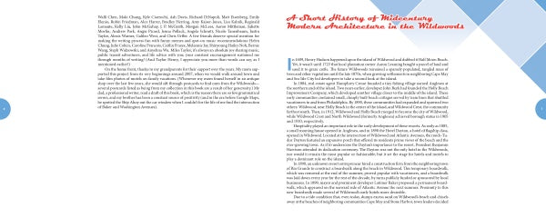 A two-page spread from "Motels of Wildwood" by Schiffer Publishing, Ltd. shows a list of names on the left and a bold title in red and blue on the right, with vivid text and blue geometric shapes in the corners.