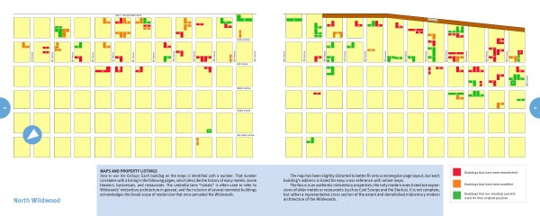 Motels of Wildwood by Schiffer Publishing, Ltd. features an illustrated North Wildwood map with colored blocks. Green, red, and yellow indicate buildings’ preservation status—including Doo Wop architecture—while most blocks remain unmarked and yellow.