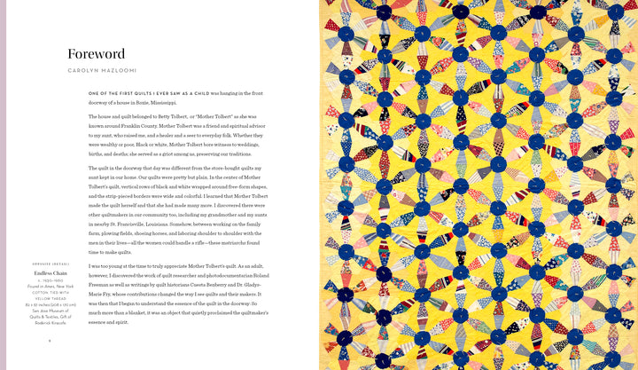 On the left is a Foreword by Carolyn Mazloomi; on the right, a full-page photo of an offbeat vintage quilt with bold red, yellow, blue, and white geometric fans from Unconventional & Unexpected, 2nd Edition by Schiffer Publishing, Ltd.