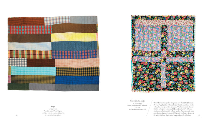 Two unique quilts are displayed side by side. The left shows colorful patchwork stripes, while the right features a cross motif—both showcased in "Unconventional & Unexpected, 2nd Edition" by Schiffer Publishing, Ltd.