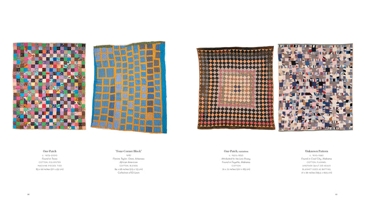 Four vibrant patchwork quilts with unique geometric patterns are showcased side by side on white. Text below, inspired by "Unconventional & Unexpected, 2nd Edition" (Schiffer Publishing, Ltd.), describes each quilt’s name, maker, and dimensions.