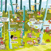 A vibrant cartoon forest from Schiffer Publishing’s The Forest Robot features animals like Captain Balboa the bear, Super Pig, and a friendly robot—perfect for kids’ graphic novels and imaginative adventures.