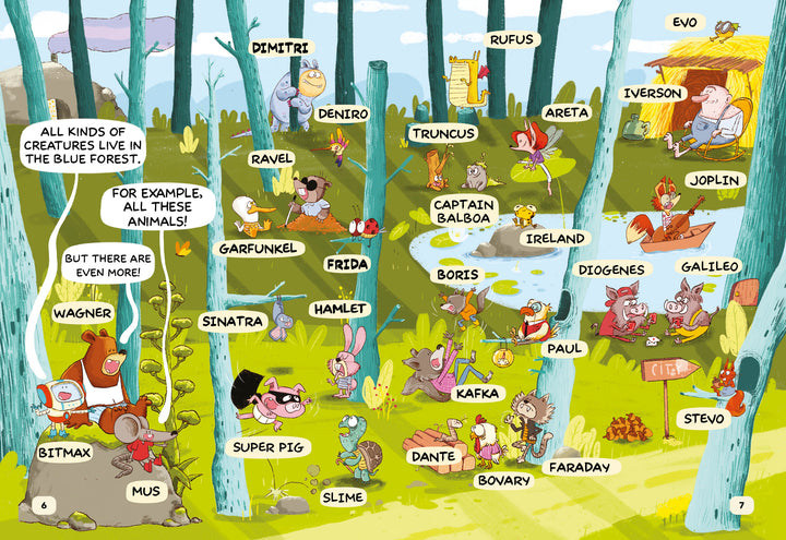 A vibrant cartoon forest from Schiffer Publishing’s The Forest Robot features animals like Captain Balboa the bear, Super Pig, and a friendly robot—perfect for kids’ graphic novels and imaginative adventures.