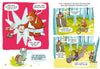 Three animals from the Bitmax & Co. series chat on the left, while children observe a noisy biker and discuss pollution on the right in The Forest Robot, a graphic novel for kids by Schiffer Publishing, Ltd.