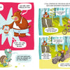 Three animals from the Bitmax & Co. series chat on the left, while children observe a noisy biker and discuss pollution on the right in The Forest Robot, a graphic novel for kids by Schiffer Publishing, Ltd.