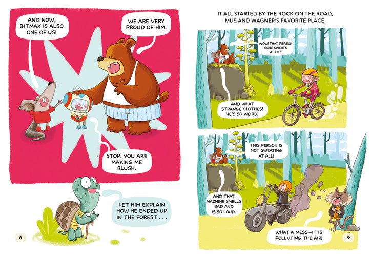 Three animals from the Bitmax & Co. series chat on the left, while children observe a noisy biker and discuss pollution on the right in The Forest Robot, a graphic novel for kids by Schiffer Publishing, Ltd.