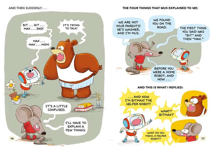 A cartoon of a bear and mouse from "The Forest Robot" by Schiffer Publishing, Ltd., ideal for fans of kids' graphic novels.