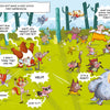 In "The Forest Robot" by Schiffer Publishing, Ltd., frightened forest animals flee from a helpful robot and a reassuring fox in a colorful forest, while some animals shout in fear and the robot looks surprised in this Bitmax & Co. kids’ graphic novel.