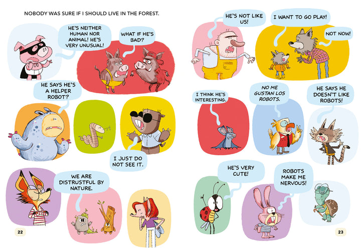 Cartoon forest animals from Schiffer Publishing, Ltd.'s "The Forest Robot" chat about a helper robot, their speech bubbles revealing curiosity, distrust, and excitement as they debate its arrival.