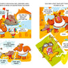 A scene from "The Forest Robot" by Schiffer Publishing, Ltd. shows animals by a river: a bear in orange overalls comforts two small animals, while Evo, a red creature, angrily throws a stone as the others look surprised in this kids' graphic novel.