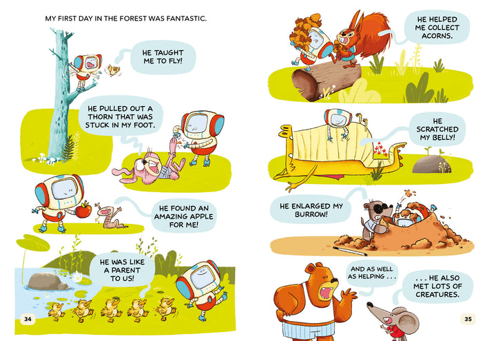 In "The Forest Robot" from Schiffer Publishing, Ltd., a friendly robot helps forest animals with tasks like pulling thorns and collecting acorns. This cheerful graphic novel shows everyone, even the robot, happy to help and make new friends.