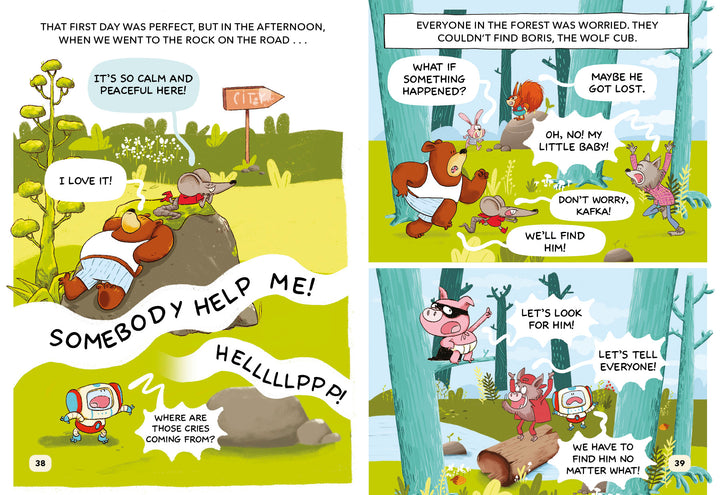 In The Forest Robot by Schiffer Publishing, Ltd., a mouse hears cries for help in a sunny forest as Bitmax & Co. friends—a bear, pig, and rabbit—search and call out for a missing wolf cub, even climbing a tree to find him.