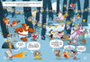 A snowy graphic novel for kids, The Forest Robot by Schiffer Publishing, Ltd. features a festive forest where animals celebrate under lights—a yellow cat shields stones, others sing and dance, and a helpful robot joins the fun. Inspired by the Bitmax & Co. series.
