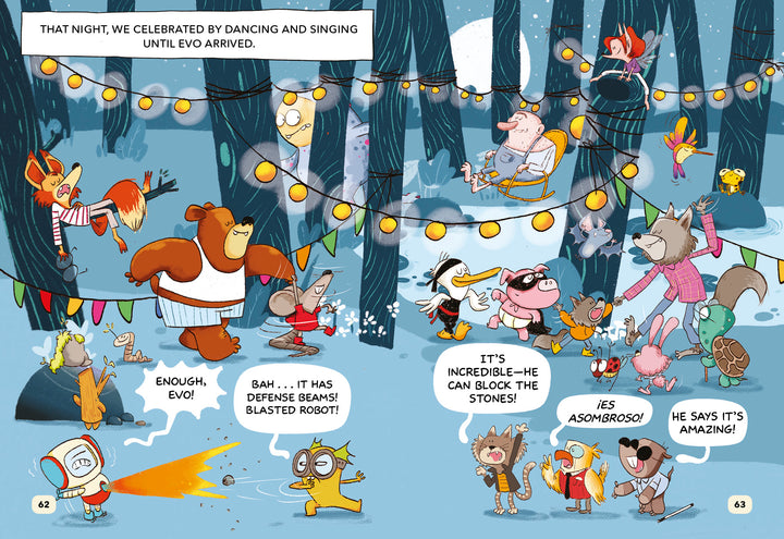 A snowy graphic novel for kids, The Forest Robot by Schiffer Publishing, Ltd. features a festive forest where animals celebrate under lights—a yellow cat shields stones, others sing and dance, and a helpful robot joins the fun. Inspired by the Bitmax & Co. series.