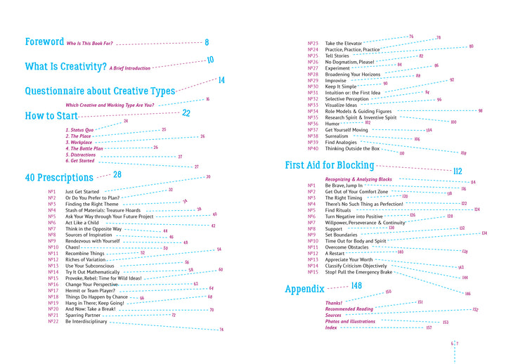 Table of contents for Creative Flow by Schiffer Publishing, Ltd.: Foreword, What Is Creativity?, Creative Types Questionnaire, Getting Started, 40 Ways to Boost Creativity, Overcoming Blocks, and Appendix with page numbers.