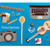 A flat lay on a blue background displays items like a ruler, paper clips, ukulele, camera, and more—ideal for sparking creativity. Text reads “Creative Flow” by Schiffer Publishing, Ltd.