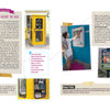 A woman in a floral dress browses books at a yellow outdoor shelf labeled “Creative Flow” by Schiffer Publishing, Ltd. Signs and close-ups highlight how this unique book-sharing project inspires creativity and helps overcome creative blocks.