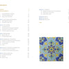 The Cuerda Seca table of contents by Schiffer Publishing, Ltd. features a decorative blue and yellow tile pattern inspired by the cuerda seca technique on the lower right, with section titles and page numbers on a light background.