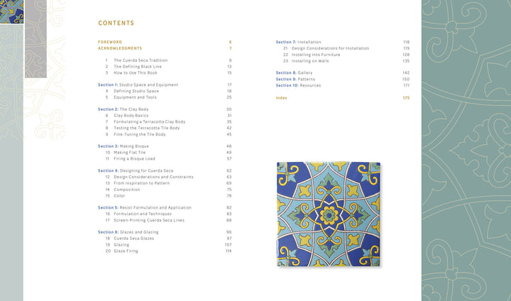 The Cuerda Seca table of contents by Schiffer Publishing, Ltd. features a decorative blue and yellow tile pattern inspired by the cuerda seca technique on the lower right, with section titles and page numbers on a light background.