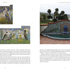 A book spread from "Cuerda Seca" by Schiffer Publishing, Ltd. displays Persian-style murals on the left and, on the right, an outdoor tiled fountain plus a close-up of blue and green cuerda seca tiles. Text is arranged around each image.
