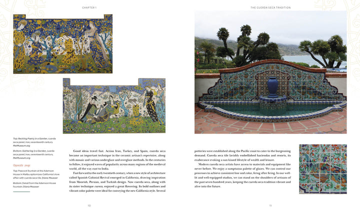 A book spread from "Cuerda Seca" by Schiffer Publishing, Ltd. displays Persian-style murals on the left and, on the right, an outdoor tiled fountain plus a close-up of blue and green cuerda seca tiles. Text is arranged around each image.