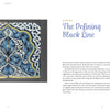 Cuerda Seca" by Schiffer Publishing, Ltd.: A blue, white, and gold abstract artwork in the cuerda seca tile style featuring ornate patterns around white Arabic calligraphy is shown on a gray background. Text: “Chapter 2: The Defining Black Line.”.
