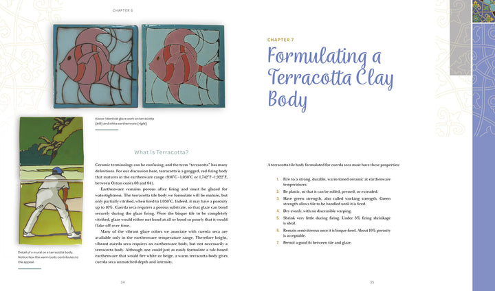 A book spread from Schiffer Publishing's "Cuerda Seca" shows Chapter 6 on the left with horse-inspired tiles and a terracotta design; on the right, Chapter 7 covers terracotta clay body formulation and tile-making techniques.