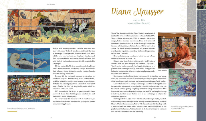 A magazine spread showcases an article on ceramic artist Diana Mausser. The left page features colorful Cuerda Seca tile mosaics, while the right shows Diana with samples and text about her story. Product: Cuerda Seca, Schiffer Publishing, Ltd.
