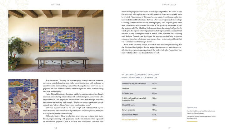 A vibrant mural made with Cuerda Seca tiles by Schiffer Publishing, Ltd. shows a map above a bench. A close-up of another tile is below, while text and a table at right detail project funding sources.