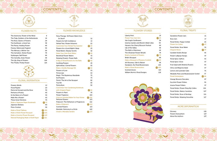 Flower Delights by Schiffer Publishing, Ltd. features table of contents pages with a pink floral background, gold text, and floral icons. Sections include Flower Facts, Inspiration, Knowledge, Stories, Treats, and More Info.