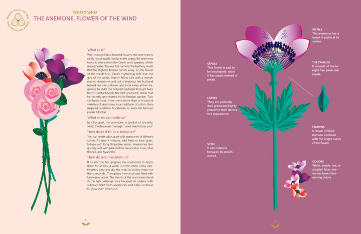 Flower Delights by Schiffer Publishing, Ltd. is an illustrated guide to anemones, showing a pink and purple bouquet on the left and a labeled diagram on the right—ideal for floral-themed activities or crafts.