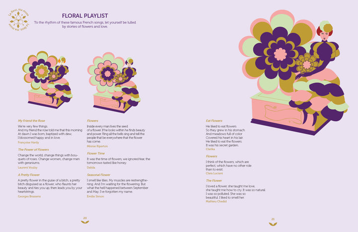 Flower Delights" by Schiffer Publishing, Ltd. features two pages of stylized illustrations of a woman with flower-shaped music boxes and a Floral Playlist of themed poems and lyrics, inspiring activities on a pastel purple background.