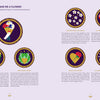 Flower Delights" by Schiffer Publishing, Ltd. showcases six stylized flower icons, each with a description of its sentimental meaning—ideal for floral craft inspiration. The digital spread features a lavender background with gold accents and white text.