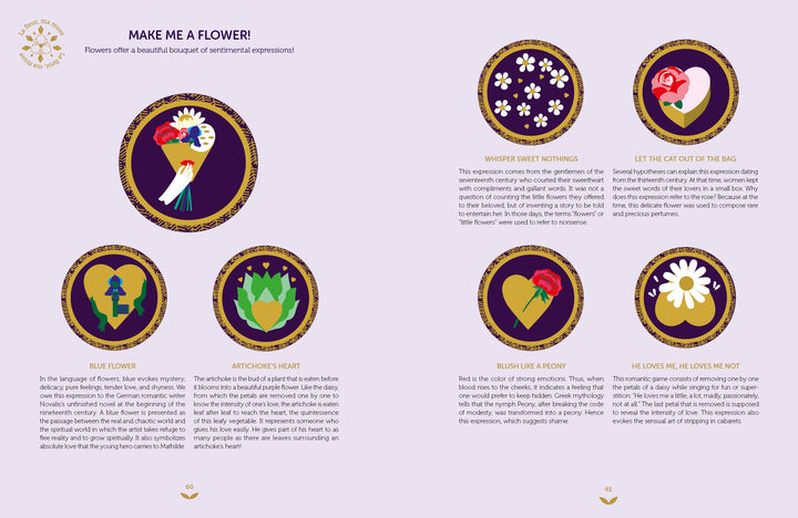 Flower Delights" by Schiffer Publishing, Ltd. showcases six stylized flower icons, each with a description of its sentimental meaning—ideal for floral craft inspiration. The digital spread features a lavender background with gold accents and white text.