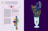 An instructional page from "Flower Delights" by Schiffer Publishing, Ltd. features steps for making a dried-flower bouquet, with text on the left and an illustrated bouquet in a blue vase on the right, set against a dark purple background.