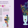 An instructional page from "Flower Delights" by Schiffer Publishing, Ltd. features steps for making a dried-flower bouquet, with text on the left and an illustrated bouquet in a blue vase on the right, set against a dark purple background.