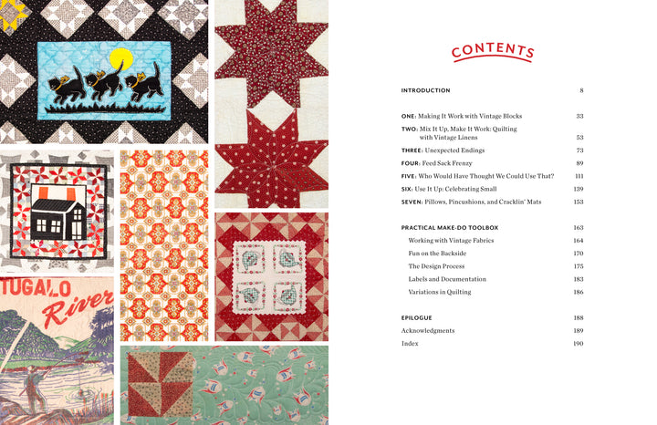 In *The Art of Make-Do Quilting* by Schiffer Publishing, Ltd., the right-side table of contents lists vintage quilt chapters; left pages display quilt blocks with stars, flowers, a house, bison shapes, “Tugalo River,” and vintage textiles.