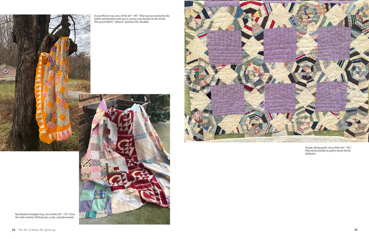 A collage inspired by "The Art of Make-Do Quilting" from Schiffer Publishing, Ltd., features three quilts—orange and white on a tree, red and white letters over a fence, and a close-up purple floral quilt blending vintage textiles with modern designs.