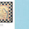 Featured in "The Art of Make-Do Quilting" by Schiffer Publishing, Ltd., a quilt with vintage textiles shows the Virgin Mary and baby Jesus in embroidered detail beside a blue checkerboard border; opposite is a light blue textured background.
